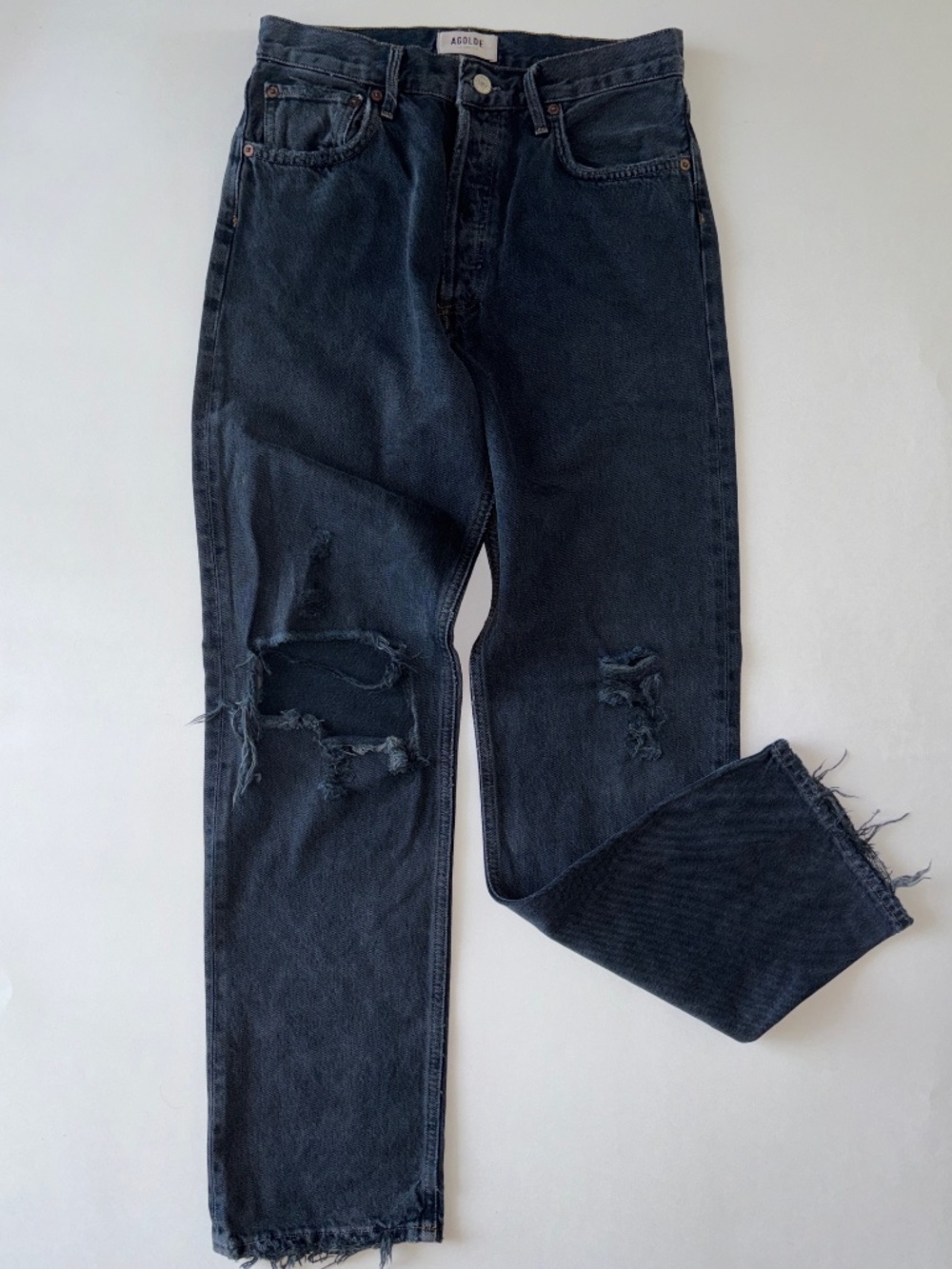 AGOLDE 90s Pinch Waist High Rise Straight Jeans 28 Blue Black Raw Hem Distressed